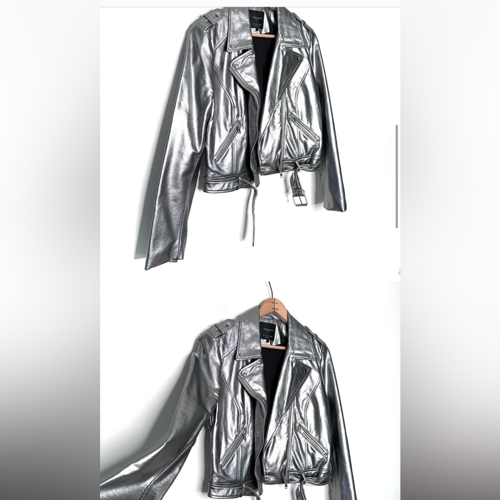 Zara | Silver Metallic Faux Leather Moto Jacket Size Large